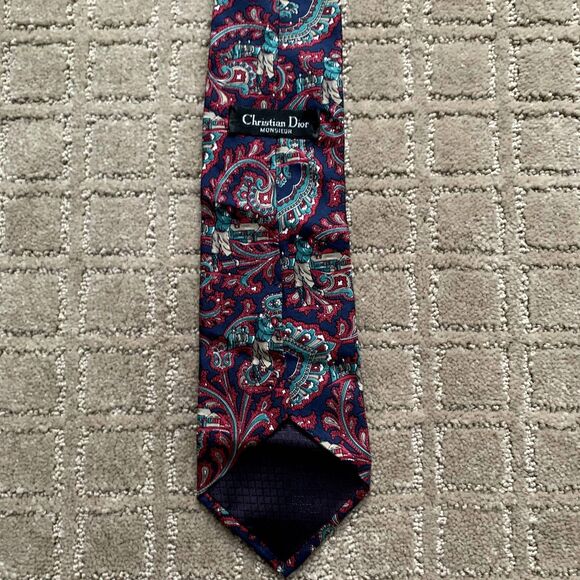 Christian Dior Monsieur Red & Teal Paisley Novelty Golf Men's Silk Tie VTG - Picture 6 of 7